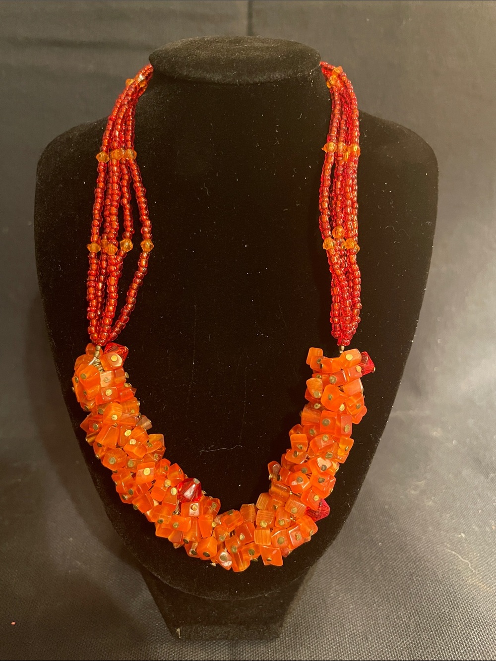 Orange-Red Beaded Statement Necklace by B.T. Jeweled